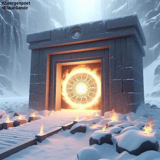 Ein großes Tor aus Eis und hellem Gestein, verschlossen durch ein brennendes Feuersiegel, umrahmt von einer unüberwindbaren Felsmauer. Schnee bildet den Untergrund.